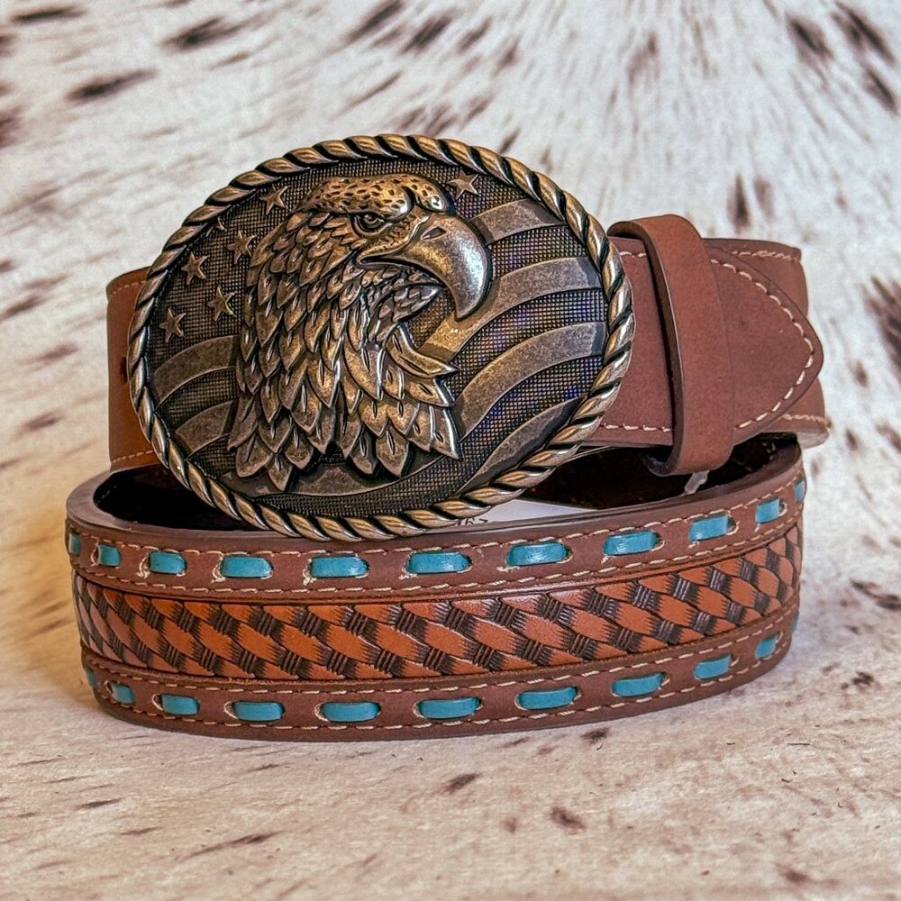 NEW Boys / Girls / Kids Turquoise Laced Edge Eagle Buckle Western Belt (Medium)